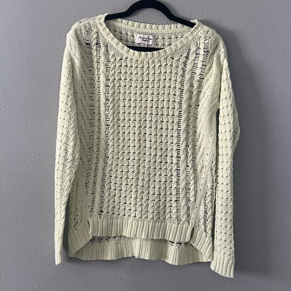 Y2K American Eagle Open Knit Sweater Crochet Boho Women's M Coastal Chunky - Picture 2 of 5
